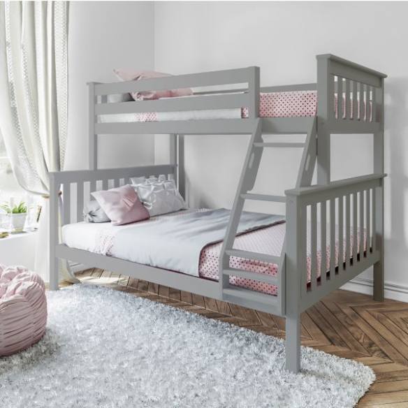 Twin over full solid wood bunk bed in grey finish with reversible ladder, safety guardrails, and space-saving design for kids’ rooms
