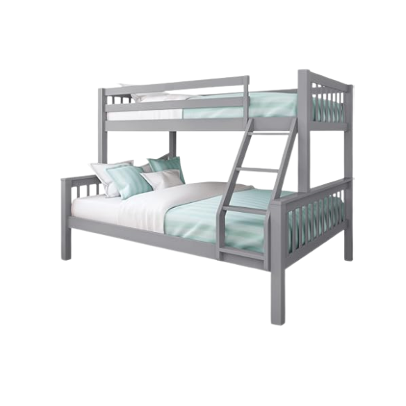 Twin over full solid wood bunk bed in grey finish with reversible ladder, safety guardrails, and space-saving design for kids’ rooms