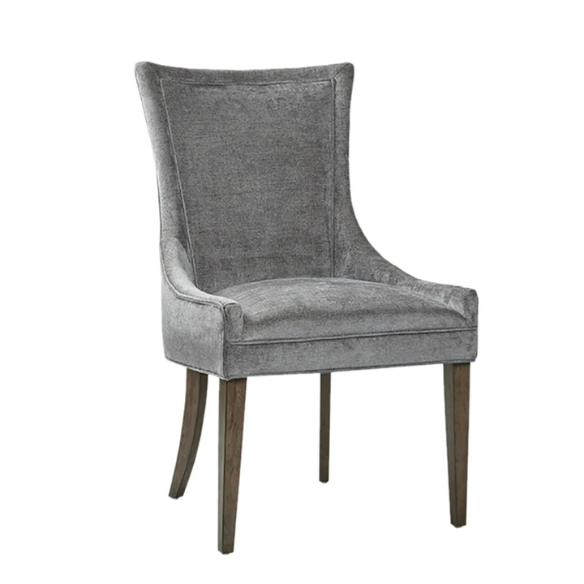 Set of 2 upholstered armless dining chairs in soft grey chenille with high backs, piped detailing, and solid wood legs.