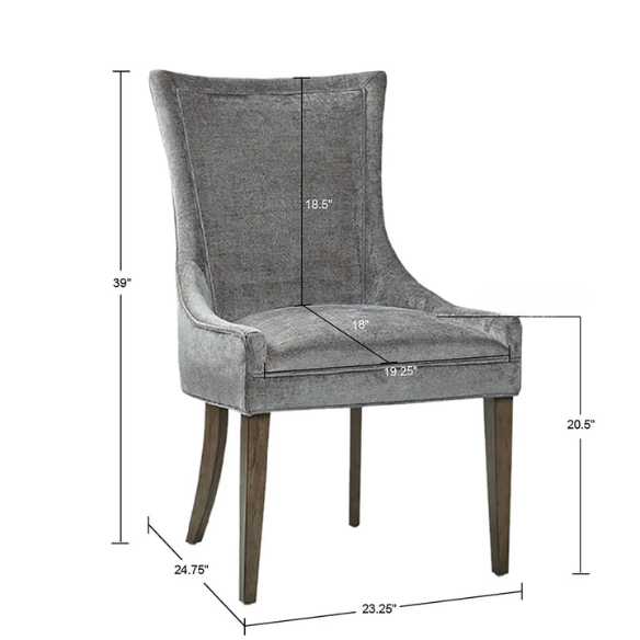 Set of 2 upholstered armless dining chairs in soft grey chenille with high backs, piped detailing, and solid wood legs.