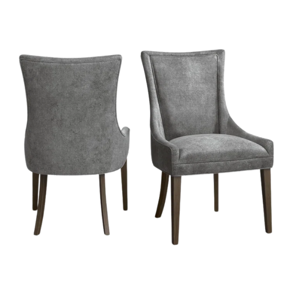 Set of 2 upholstered armless dining chairs in soft grey chenille with high backs, piped detailing, and solid wood legs.