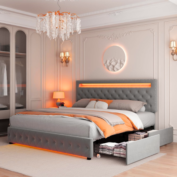 Grey velvet full size platform bed with button-tufted adjustable LED headboard, silver nailhead trim, and four underbed storage drawers on wheels