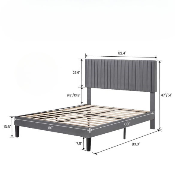 Grey velvet upholstered queen bed with tufted rectangular headboard and low-profile frame.