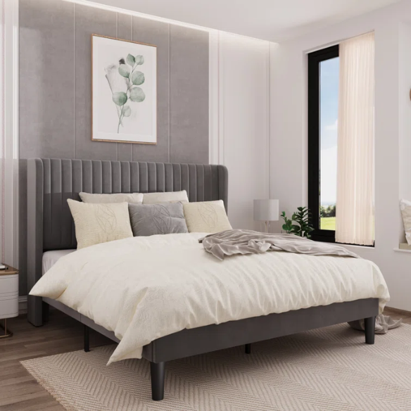 Grey velvet upholstered queen bed with tufted wingback headboard, 8-inch underbed clearance, and sturdy wood frame.