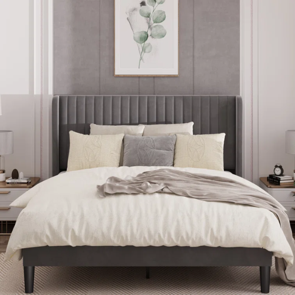 Grey velvet upholstered queen bed with tufted wingback headboard, 8-inch underbed clearance, and sturdy wood frame.