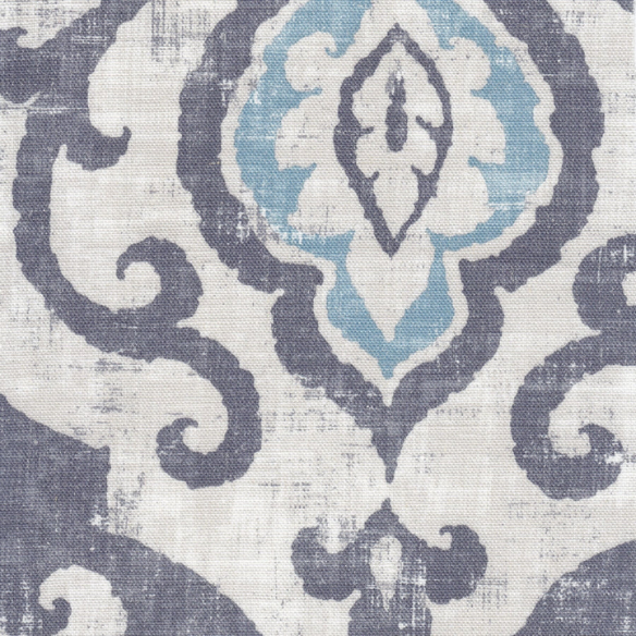 Set of two Parsons dining chairs with grey, white, and light blue floral upholstery, high back design, scalloped seat front, and wood legs