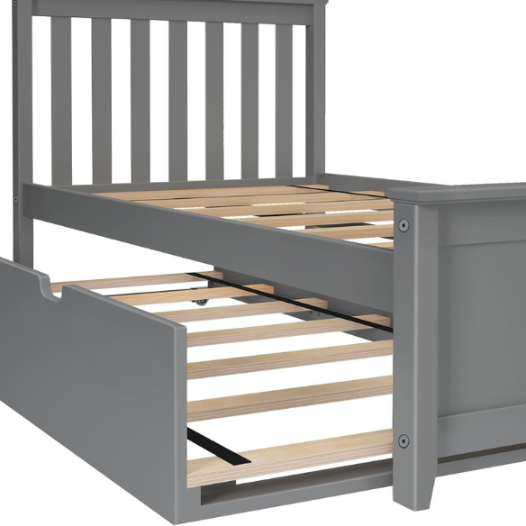 Grey solid wood twin bed with pull-out trundle, modern slatted headboard and footboard, perfect for kids’ rooms and overnight guests.