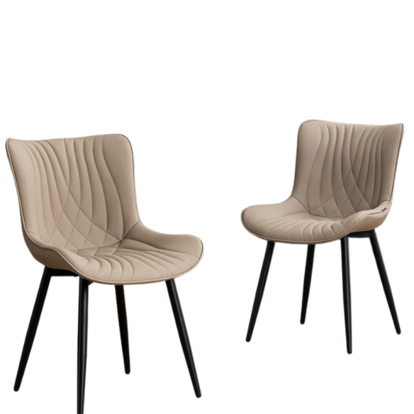 Set of 2 khaki faux leather dining chairs with fishtail tufted backs and black metal legs, styled for modern and transitional interiors.