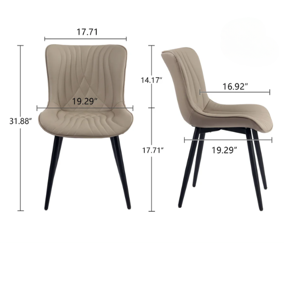Set of 2 khaki faux leather dining chairs with fishtail tufted backs and black metal legs, styled for modern and transitional interiors.