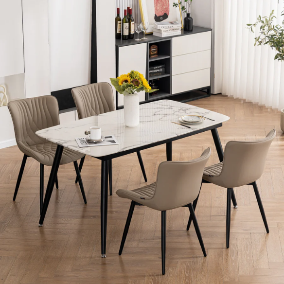 Set of 2 khaki faux leather dining chairs with fishtail tufted backs and black metal legs, styled for modern and transitional interiors.