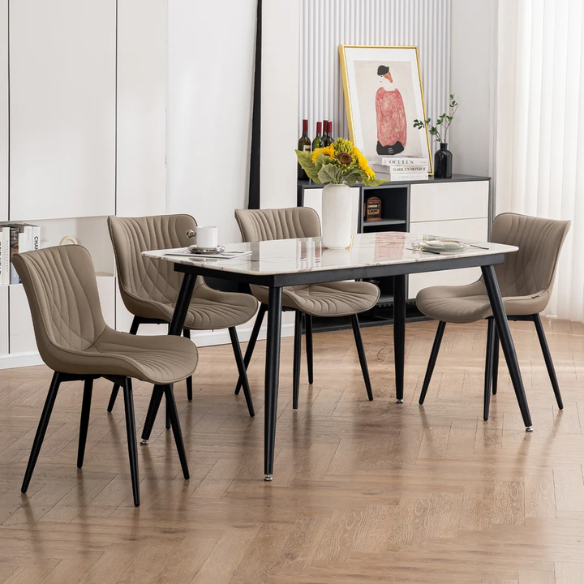 Set of 2 khaki faux leather dining chairs with fishtail tufted backs and black metal legs, styled for modern and transitional interiors.