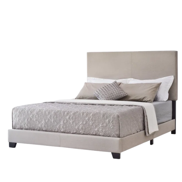 Light beige upholstered full size bed frame with rectangular padded headboard, low-profile footboard, and solid wood construction in a modern minimalist design.