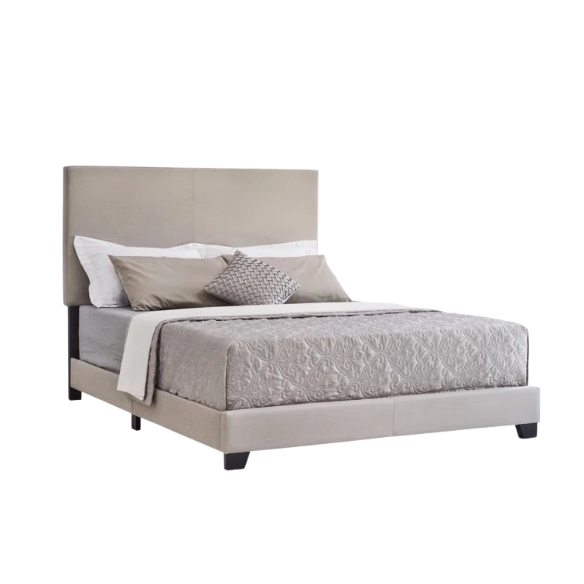 Light beige upholstered full size bed frame with rectangular padded headboard, low-profile footboard, and solid wood construction in a modern minimalist design.