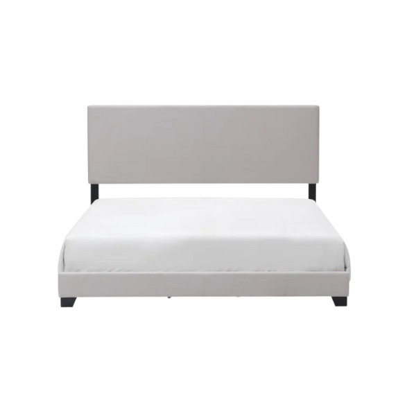 Light beige upholstered full size bed frame with rectangular padded headboard, low-profile footboard, and solid wood construction in a modern minimalist design.