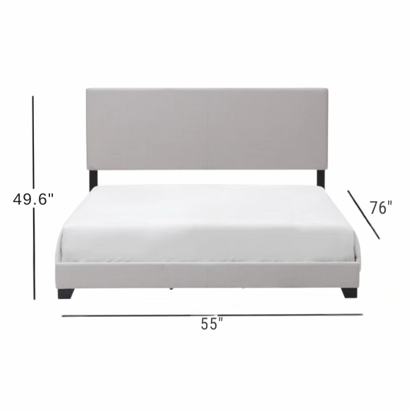 Light beige upholstered full size bed frame with rectangular padded headboard, low-profile footboard, and solid wood construction in a modern minimalist design.