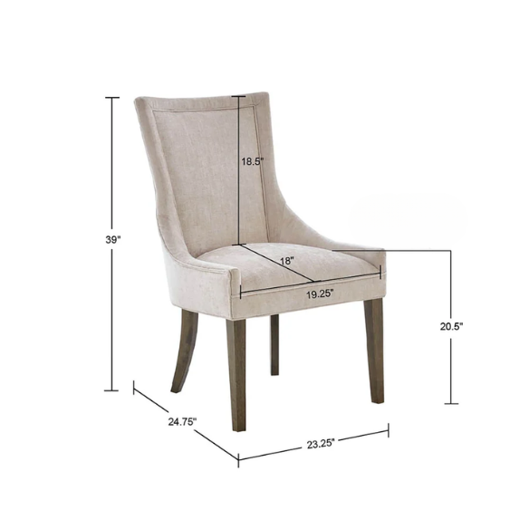 Set of 2 upholstered armless dining chairs in light beige with solid wood legs, high backrest, and elegant piping detail.