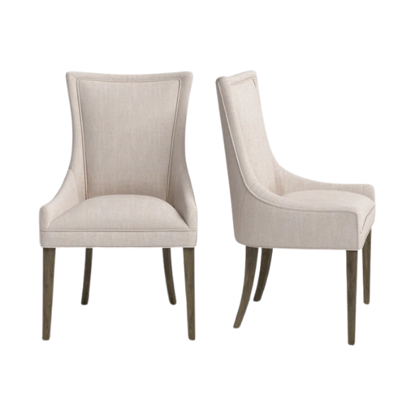 Set of 2 upholstered armless dining chairs in light beige with solid wood legs, high backrest, and elegant piping detail.