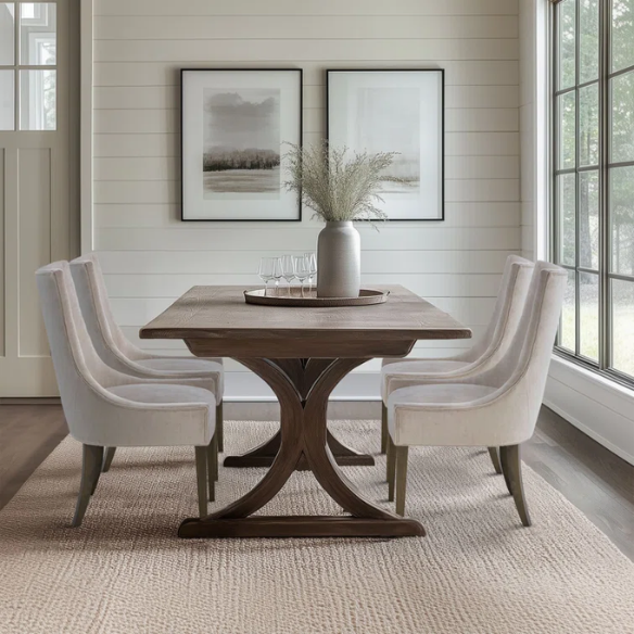 Set of 2 upholstered armless dining chairs in light beige with solid wood legs, high backrest, and elegant piping detail.