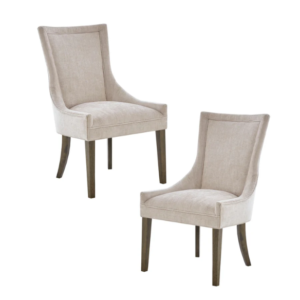 Set of 2 upholstered armless dining chairs in light beige with solid wood legs, high backrest, and elegant piping detail.