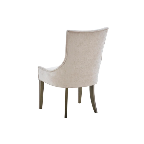 Set of 2 upholstered armless dining chairs in light beige with solid wood legs, high backrest, and elegant piping detail.