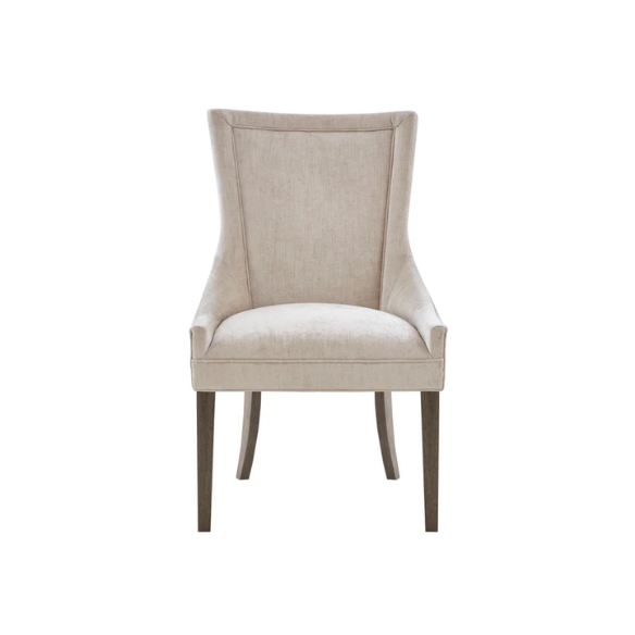Set of 2 upholstered armless dining chairs in light beige with solid wood legs, high backrest, and elegant piping detail.