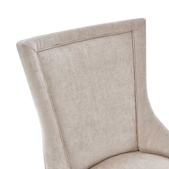 Set of 2 upholstered armless dining chairs in light beige with solid wood legs, high backrest, and elegant piping detail.