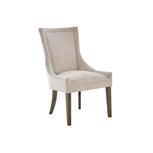 Set of 2 upholstered armless dining chairs in light beige with solid wood legs, high backrest, and elegant piping detail.