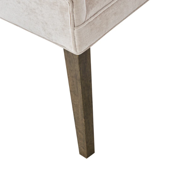 Set of 2 upholstered armless dining chairs in light beige with solid wood legs, high backrest, and elegant piping detail.