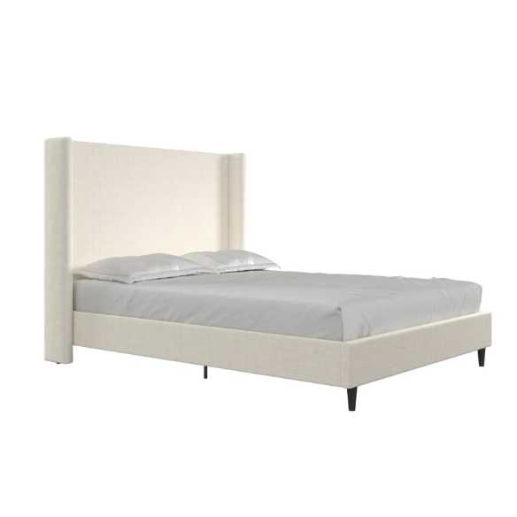 Light cream boucle queen-size platform bed with tall wingback tufted headboard and black tapered legs.