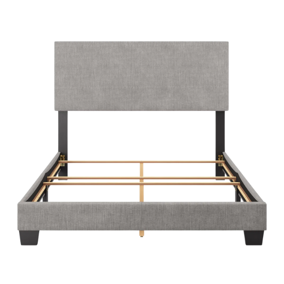 Full-size light grey upholstered bed with soft polyester fabric, tall foam-padded rectangular headboard, and sleek modern design.