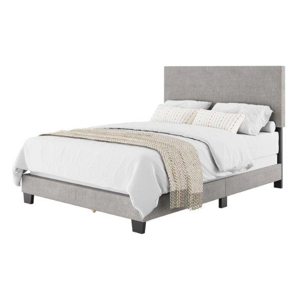 Full-size light grey upholstered bed with soft polyester fabric, tall foam-padded rectangular headboard, and sleek modern design.