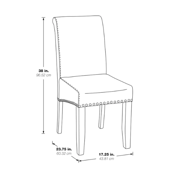 Light grey upholstered Parsons chair with scrolled high back, antique bronze nailhead trim, and solid wood legs