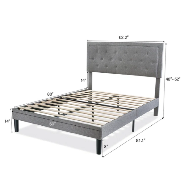 Light grey upholstered queen bed with linen fabric, button-tufted adjustable headboard, and 8-inch underbed clearance for extra storage.