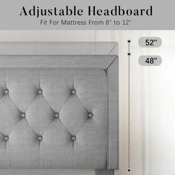 Light grey upholstered queen bed with linen fabric, button-tufted adjustable headboard, and 8-inch underbed clearance for extra storage.