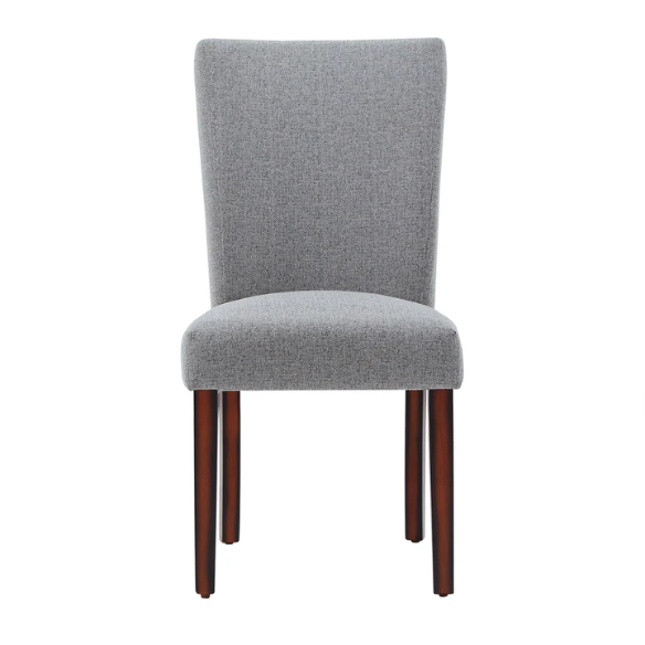 Set of 2 upholstered Parson dining chairs in light grey fabric with espresso-finished wood legs and padded high backs, ideal for dining or accent seating.