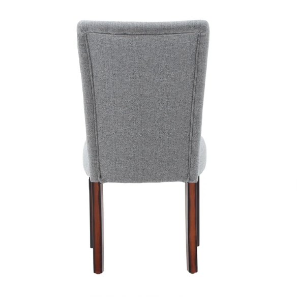 Set of 2 upholstered Parson dining chairs in light grey fabric with espresso-finished wood legs and padded high backs, ideal for dining or accent seating.