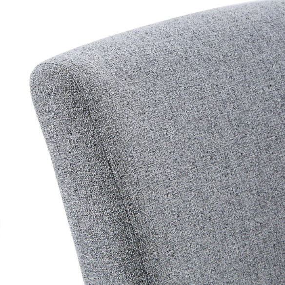 Set of 2 upholstered Parson dining chairs in light grey fabric with espresso-finished wood legs and padded high backs, ideal for dining or accent seating.