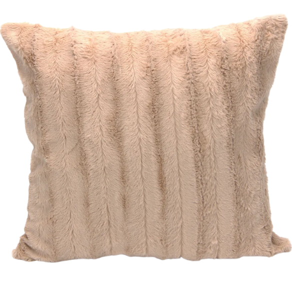 Set of two light tan faux fur throw pillows, 18x18 inches, square decorative cushions with soft microfiber filling—ideal for neutral-toned sofas, beds, and minimalist interiors