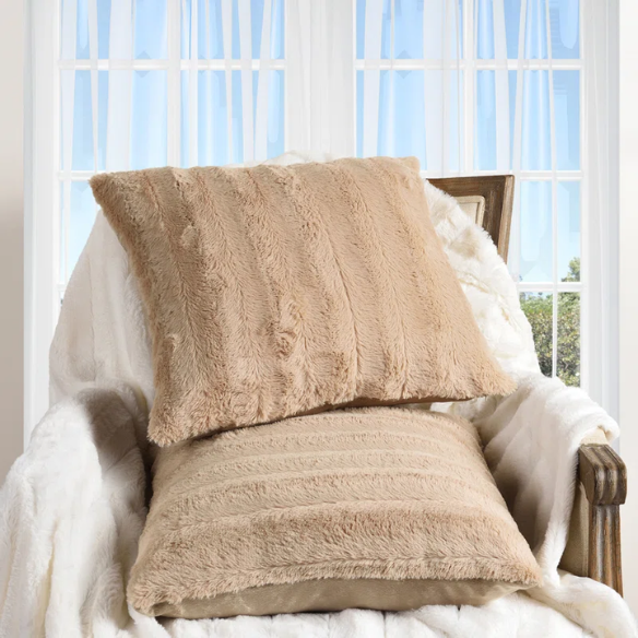Set of two light tan faux fur throw pillows, 18x18 inches, square decorative cushions with soft microfiber filling—ideal for neutral-toned sofas, beds, and minimalist interiors