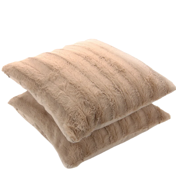Set of two light tan faux fur throw pillows, 18x18 inches, square decorative cushions with soft microfiber filling—ideal for neutral-toned sofas, beds, and minimalist interiors