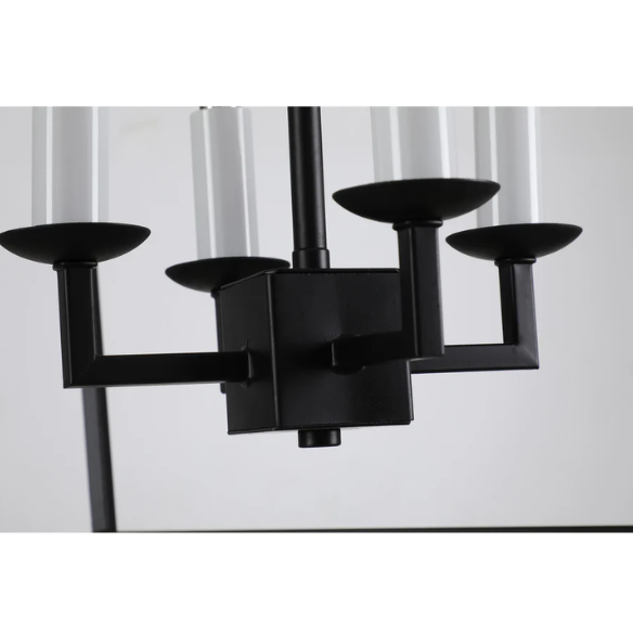 Matte black iron cage chandelier with candle-style lighting, ideal for dining rooms, foyers, and staircases