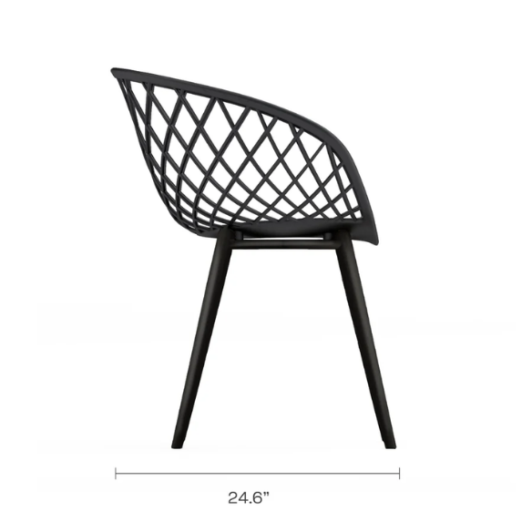 Set of two black mid-century modern chairs with matte plastic seats and angled steel legs.