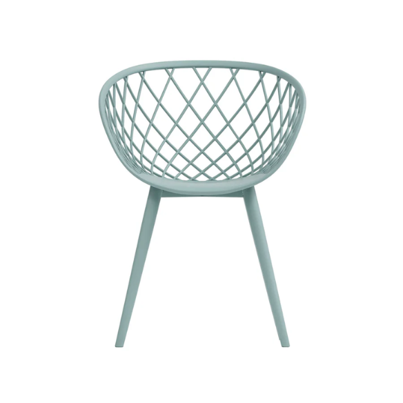 Set of two light blue mid-century modern dining chairs with molded plastic seats and black metal legs.