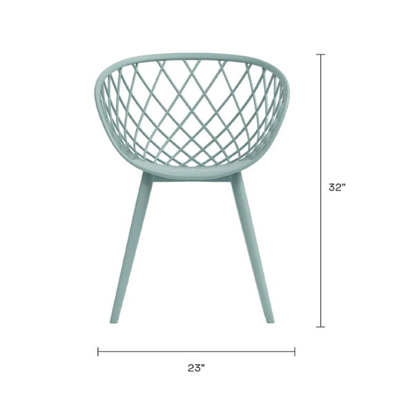 Set of two light blue mid-century modern dining chairs with molded plastic seats and black metal legs.