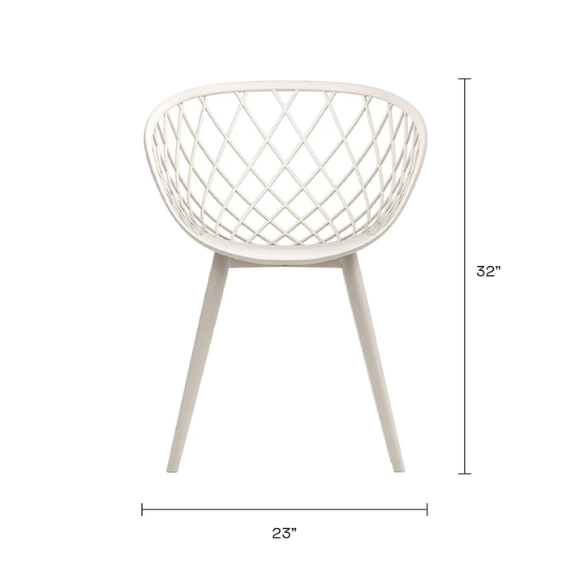 Set of two matte white mid-century modern dining chairs with molded plastic seats and black metal legs.