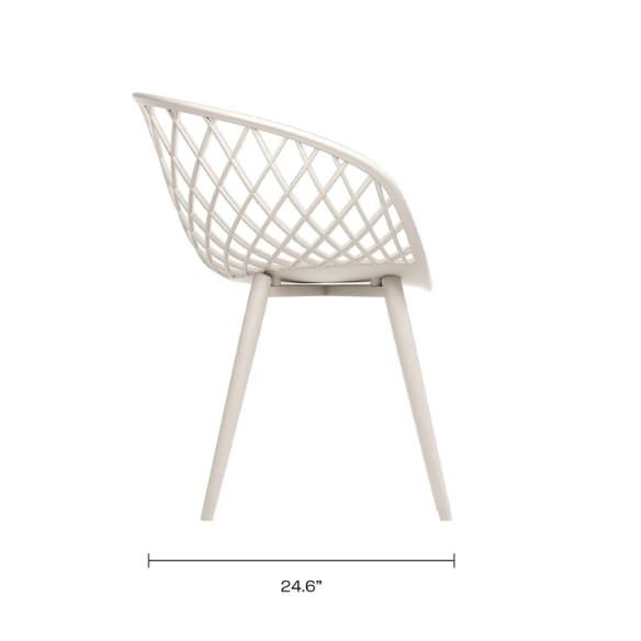 Set of two matte white mid-century modern dining chairs with molded plastic seats and black metal legs.
