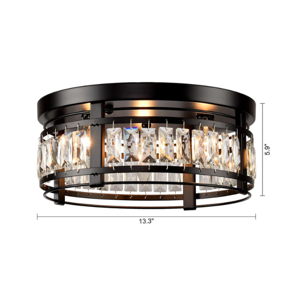 Modern matte black flush mount ceiling light with crystal drum shade, three-light fixture for bedroom, kitchen, or entryway