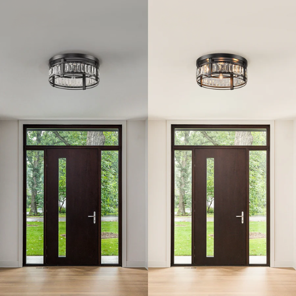 Modern matte black flush mount ceiling light with crystal drum shade, three-light fixture for bedroom, kitchen, or entryway