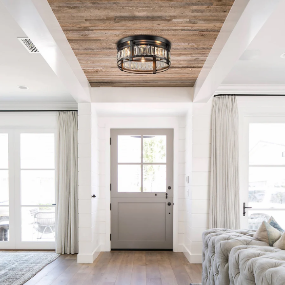 Modern matte black flush mount ceiling light with crystal drum shade, three-light fixture for bedroom, kitchen, or entryway