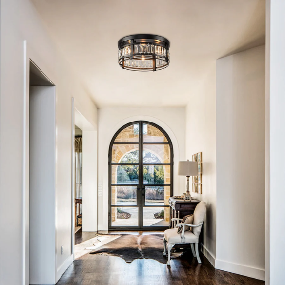 Modern matte black flush mount ceiling light with crystal drum shade, three-light fixture for bedroom, kitchen, or entryway